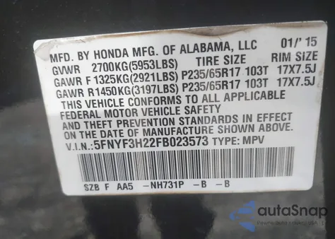 2015 Honda Pilot Lx from USA, damaged, VIN 5FNYF3H22FB023573